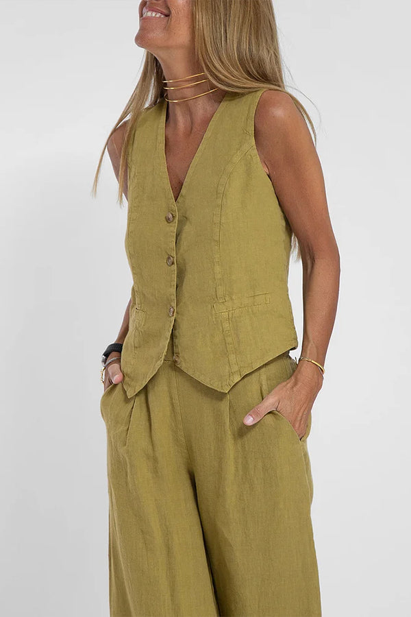 Vrouwen Casual Linnen Waistcoat Twee Set Pakken